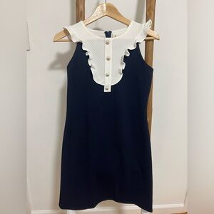 Girls David Charles Button Ruffle Dress in Navy